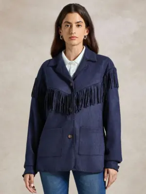Elegant Single-Breasted Royal Blue Fringe Jacket Women