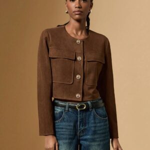 Round Neck Brown Knit Short Coat Women